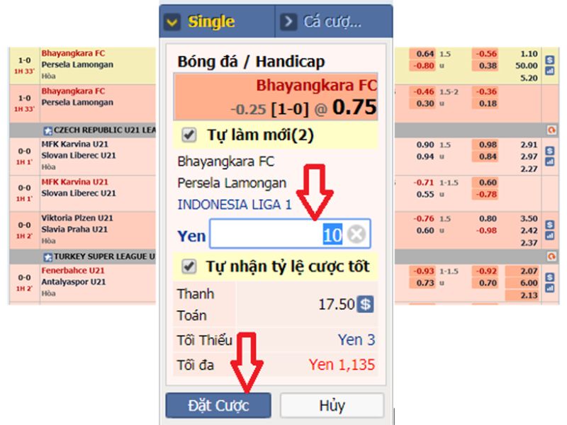 Các thao tác đặt cược trong kèo