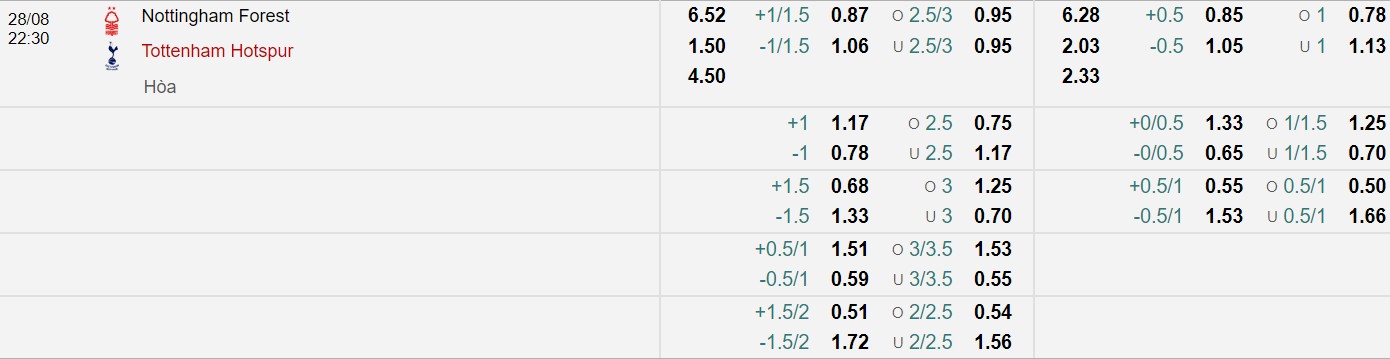 Bảng tỷ lệ kèo bóng đá Nottingham Forest vs Tottenham Hotspur