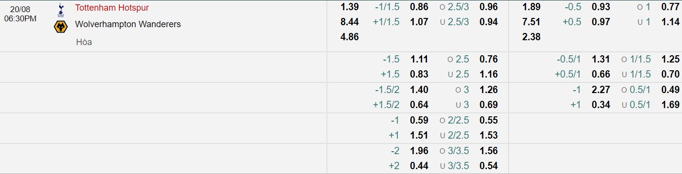Bảng tỷ lệ kèo bóng đá Tottenham Hotspur vs Wolverhampton