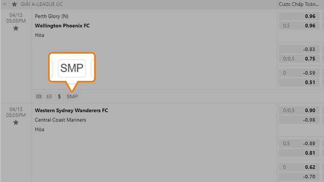 Bước 1: Tìm kiếm mọi trận đấu sớm/hôm nay mà bạn quan tâm. Nhấp “SMP” để truy cập Cược xiên một trận.